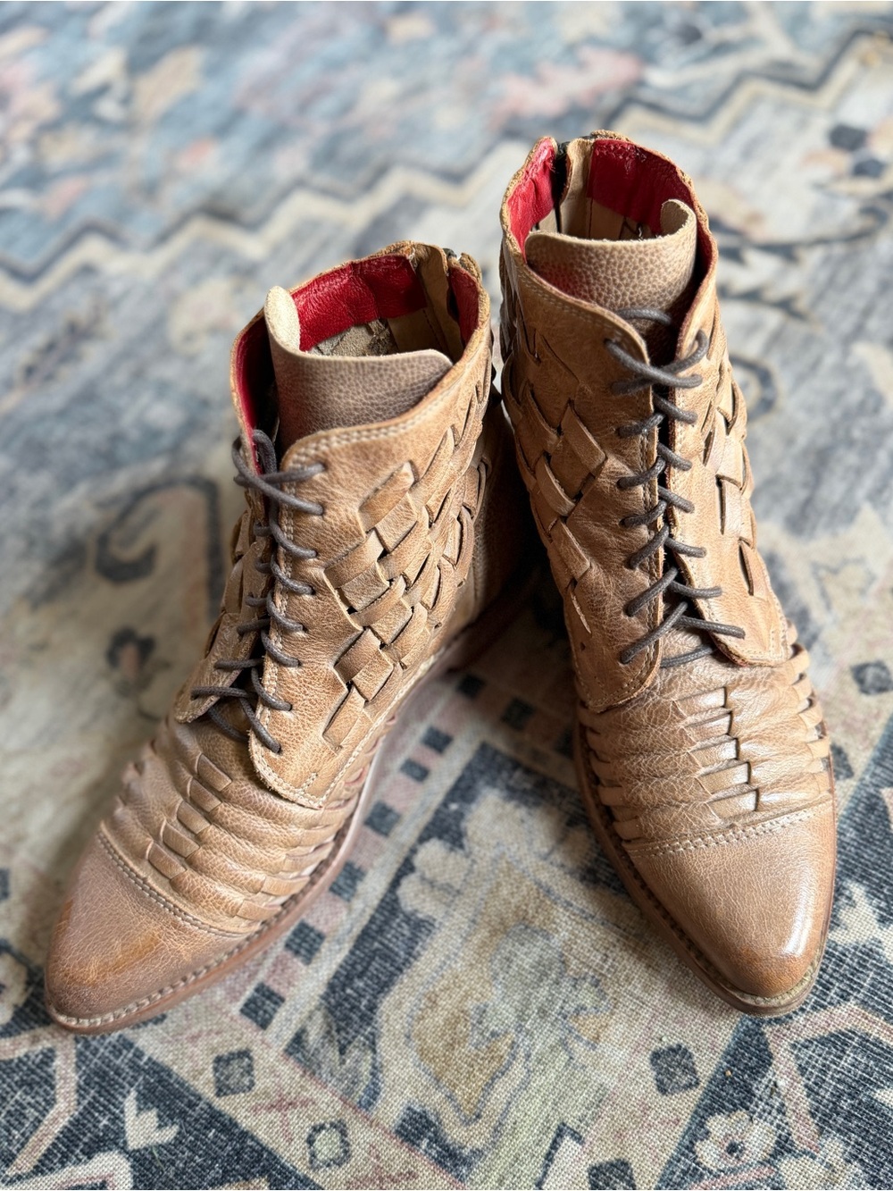 Bed Stu Loretta Boots Women’s 7 Tan Brown leather Woven Cap Toe Lace Up Booties
